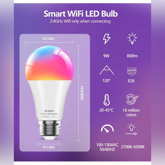 Smart Light Bulbs, 9W A19 E26 800LM WiFi Bluetooth LED - Picture 2 of 6